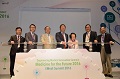 The Secretary for Innovation and Technology, Mr Nicholas W Yang (third left), officiates at the opening ceremony of the Engineering Medical Innovation Summit: Medicine for the Future 2016 today (August 20) together with the Vice-Chancellor and President of the Chinese University of Hong Kong (CUHK), Professor Joseph Sung (centre); Solicitor, Notary Public and China Appointed Attesting Officer, Ms Therese Chow (third right); the Dean of the Faculty of Medicine of the CUHK, Professor Francis Chan (second left); the Associate Dean (External Affairs) of the Faculty of Engineering of the CUHK, Professor Wong Kam-fai (second right) ; Professor of the Department of Surgery and the Director of Chow Yuk Ho Technology Centre for Innovative Medicine of the CUHK, Professor Philip Chiu (first left) and Professor Arthur Mak of the Department of Mechanical and Automation Engineering and the Department of Electronic Engineering of the CUHK (first right).