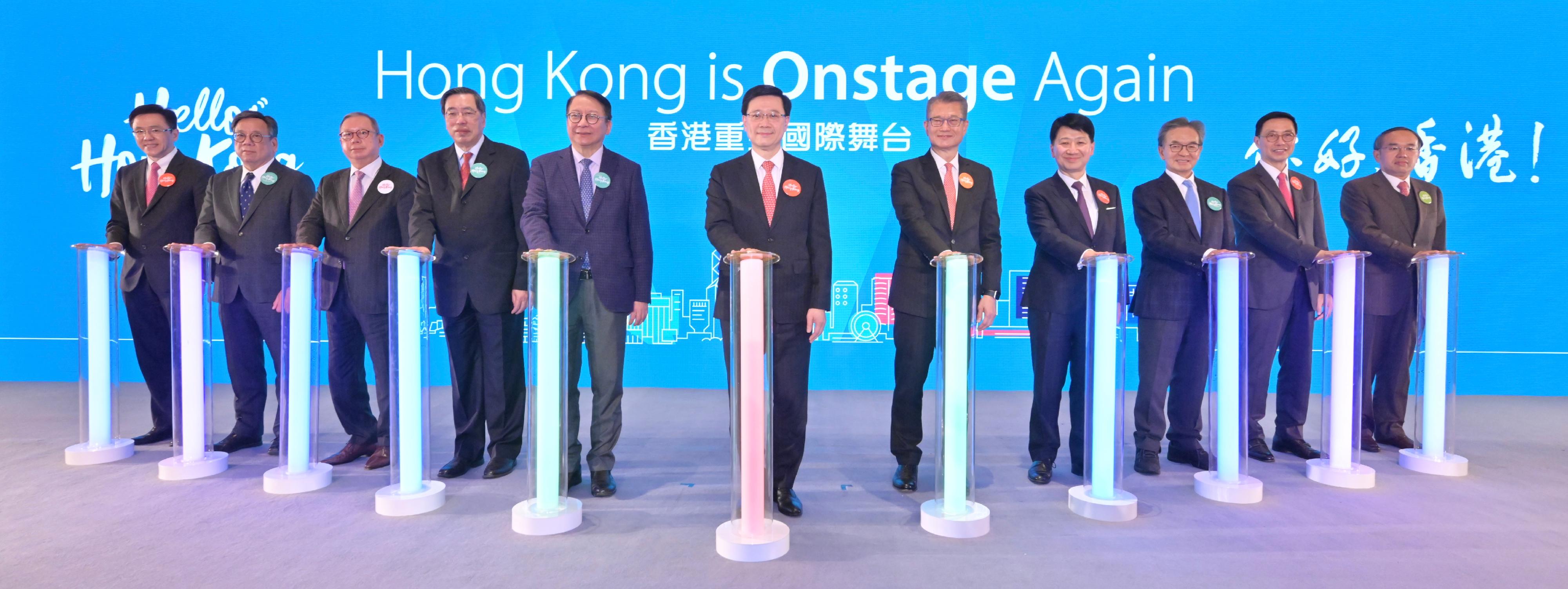 The Chief Executive, Mr John Lee, attended the “Hello Hong Kong” Campaign Launch Ceremony today (February 2). Photo shows (from left) the Secretary for Innovation, Technology and Industry, Professor Sun Dong; the Secretary for Commerce and Economic Development, Mr Algernon Yau; the Chairman of the Hong Kong Trade Development Council, Dr Peter Lam; the President of the Legislative Council, Mr Andrew Leung; the Chief Secretary for Administration, Mr Chan Kwok-ki; Mr Lee; the Financial Secretary, Mr Paul Chan; the Chairman of the Hong Kong Tourism Board, Dr Pang Yiu-kai; the Chairman of the Airport Authority Hong Kong, Mr Jack So; the Secretary for Culture, Sports and Tourism, Mr Kevin Yeung; and the Secretary for Financial Services and the Treasury, Mr Christopher Hui, officiating at the ceremony.